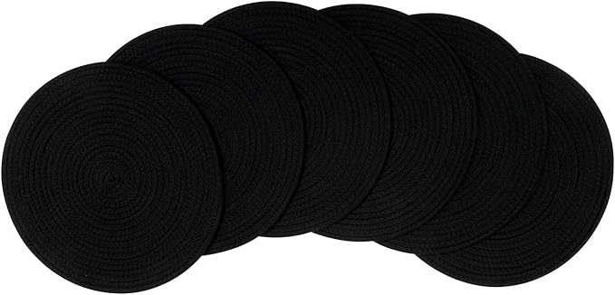 6pcs Round Woven Placemats, 13.8 inches Black Place Mats Cotton Pot Holders Wicker Tablemats Boho Braided Heat Resistant Mats, Woven Plate Chargers for Party Table Decoration