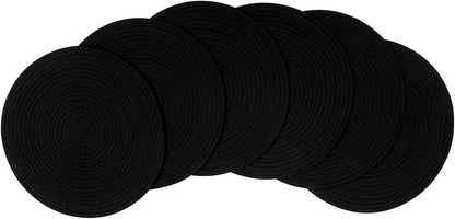 6pcs Round Woven Placemats, 13.8 inches Black Place Mats Cotton Pot Holders Wicker Tablemats Boho Braided Heat Resistant Mats, Woven Plate Chargers for Party Table Decoration