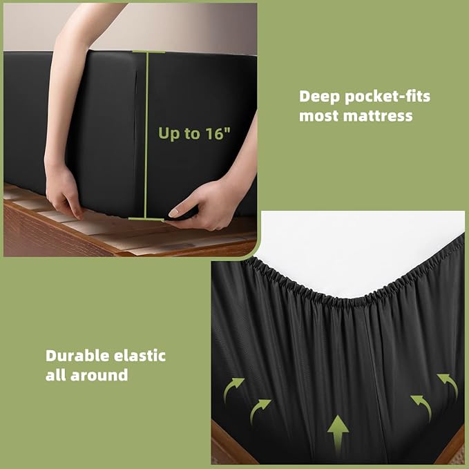 Shilucheng 100% Viscose Derived from Bamboo_ Sheets Cal King Size 6pcs - Ultra Cooling & Silky Soft Bed Sheets, 16" Deep Pocket, Perfect for Hot Sleepers, Hotel Bedding Sheets (Black)