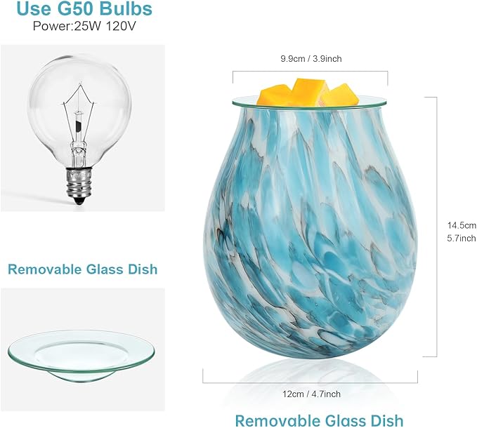 Glass Wax melt Warmer,Electric melt Burner,Romantic Aroma Warmer for Essential Oils Burner & Premium Wax Melts Burner.(Light Blue)