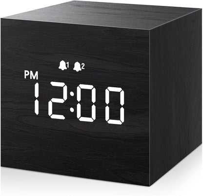 JALL Digital Alarm Clock, with Wooden Electronic LED Time Display, Dual Alarm, 2.5-inch Cubic Small Mini Wood Made Electric Clocks for Bedroom, Bedside, Desk, Black