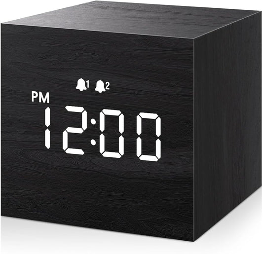 JALL Digital Alarm Clock, with Wooden Electronic LED Time Display, Dual Alarm, 2.5-inch Cubic Small Mini Wood Made Electric Clocks for Bedroom, Bedside, Desk, Black