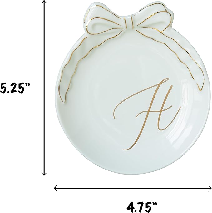 COLLECTIVE HOME - Personalized Initial Ceramic Jewelry Tray with Bow, Christmas Gift Ideas for Women, Small Gift for Girlfriend Wife, Ring Holder, Earrings Dish, Birthday Gift for Her (H)