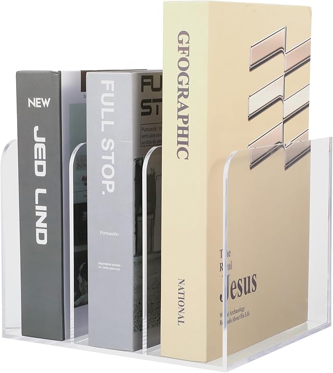 Acrylic Magazine Holder Desk Organizer Workspace Sorters，Clear Bookend File Sorter Holder，Folder Rack, Office Accessories Organization Storage with 3 Vertical Compartments