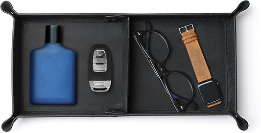 Handmade Leather Catch All Tray and Organizer for Keys, Phones, Jewels, Coins, Rectangular, Deep Black