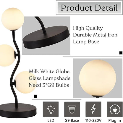 3-Light Curve Black Globe Table Lamp Mid Century Flower Beside Desk Table Light with Milk White Glass Shade Metal Base Nightstand Lamp for Bedroom Bedside