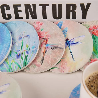 Coasters for Drinks, Set of 10 Absorbent Ceramic Stone Coasters, Natures, with Cork Back 5 Designs