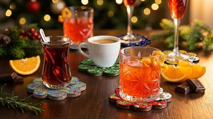 Hand-Painted Turkish Ceramic Coaster Set (6 Pack) – Absorbent, Durable Drink Coasters for Coffee, Tea & Tabletop Protection