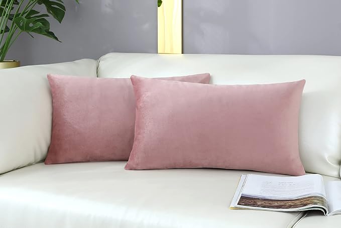 mixeoo Comfy Dusty Rose Throw Pillow Covers Decorative Lumbar Rectangle Thick Velvet Super Soft Cushion Cases Home Decor for Sofa Couch Living Room Chair, Set of 2, 12 x 20 Inch