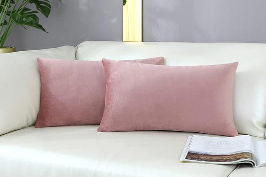mixeoo Comfy Dusty Rose Throw Pillow Covers Decorative Lumbar Rectangle Thick Velvet Super Soft Cushion Cases Home Decor for Sofa Couch Living Room Chair, Set of 2, 12 x 20 Inch