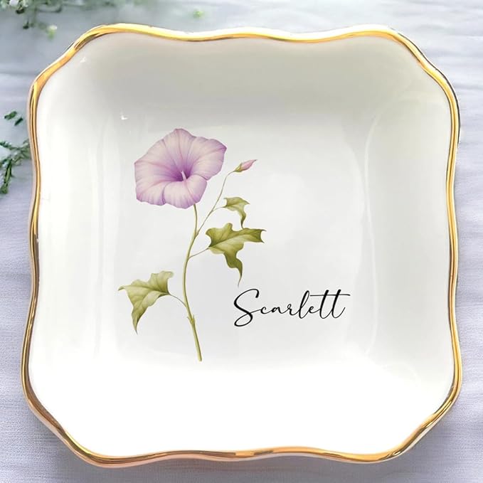 Personalized Birth Flower Ring Dish, Custom Floral Name Jewelry Dish, Trinket Tray for Women Bridesmaid Friends Sisters Siblings Bestie Gift for Birthday, Wedding, Engagement