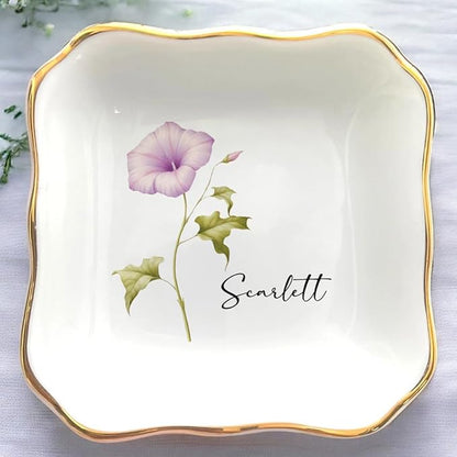 Personalized Birth Flower Ring Dish, Custom Floral Name Jewelry Dish, Trinket Tray for Women Bridesmaid Friends Sisters Siblings Bestie Gift for Birthday, Wedding, Engagement