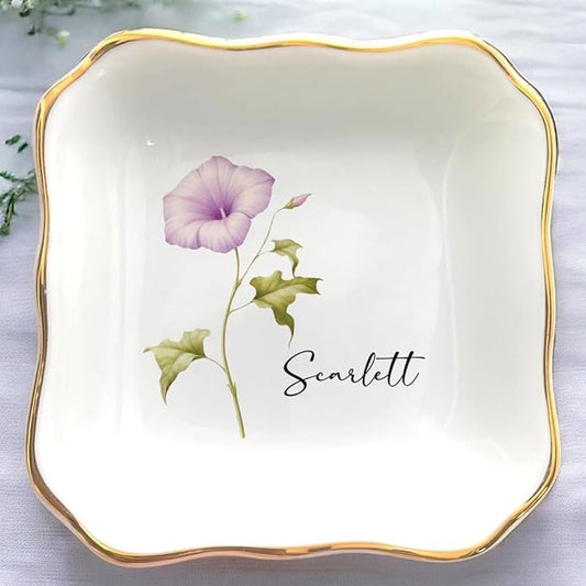 Personalized Birth Flower Ring Dish, Custom Floral Name Jewelry Dish, Trinket Tray for Women Bridesmaid Friends Sisters Siblings Bestie Gift for Birthday, Wedding, Engagement