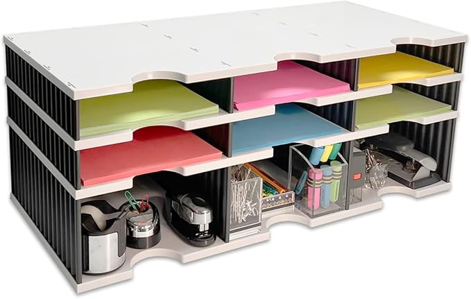 Desktop Organizer 6 Letter Tray Sorter Plus Riser Storage Base for Easy Access to Lower Slots, Desk Accessories & Supplies. Optional File Topper & Drawers