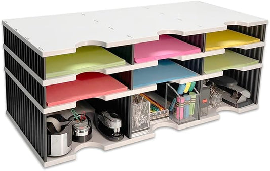Desktop Organizer 6 Letter Tray Sorter Plus Riser Storage Base for Easy Access to Lower Slots, Desk Accessories & Supplies. Optional File Topper & Drawers