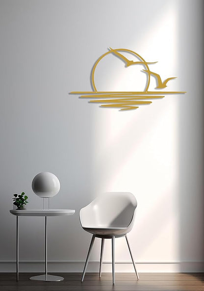 Sun Metal Wall Art Abstract Sunset with Seagulls Metal Wall Decor Minimalist Sunrise Line Art for Living Room Kitchen Bathroom Indoor Outdoor (Gold)