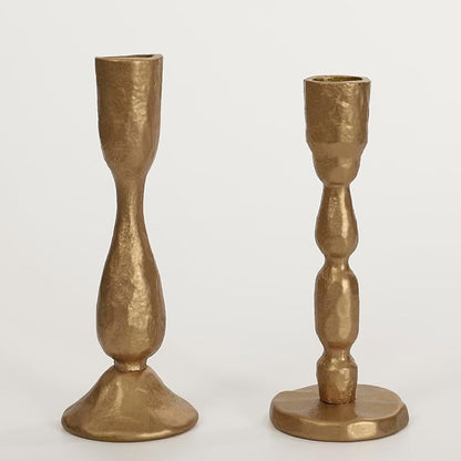 Antique Brass Handcrafted Iron Taper Candle Holders - Set of 2 Decorative Candlesticks for Weddings, Dining, and Parties