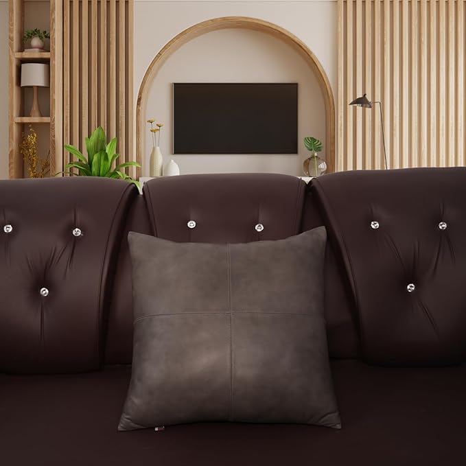 D DOLLY LAMB Lambskin Leather Pillow Cover - Sofa Cushion Case - Decorative Throw Covers for Living Room & Bedroom, 22x22 Inches - Grey Antique Plane Pack of 2