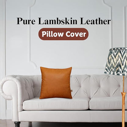 Genuine Lambskin Leather Pillow Cover, 20x20 Inch Case for Lumbar Throw Couch Pillows, Thick & Soft Cushion Covers for Sofa Bed Home Décor (Caramel Brown Pack of 2)