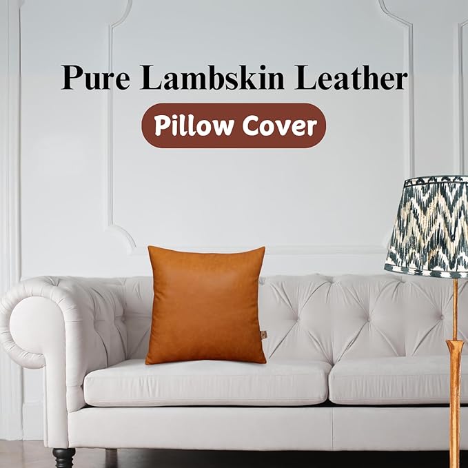 Genuine Lambskin Leather Pillow Cover, 18x18 Inch Case for Lumbar Throw Couch Pillows, Thick & Soft Cushion Covers for Sofa Bed Home Décor (Caramel Brown Pack of 1)
