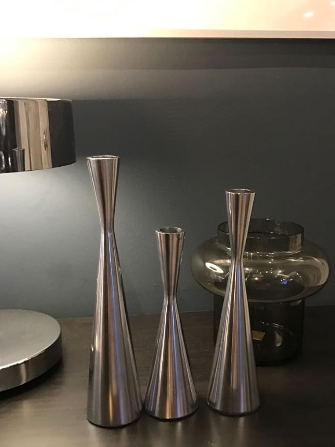 Set of 3 Silver Brushed Metal Taper Candle Holders Candlestick Holders Vintage Modern Decorative Centerpiece Candlestick Holders for Table Mantel Wedding Housewarming (Shiny Silver, S+M+L/Set)