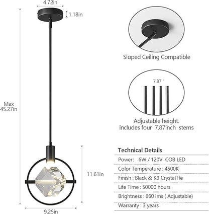 Modern Crystal Pendant Light in Black Mini Dimmable Integrated LED Light Fixtures Metal Rod Ceiling Black Chandelier for Kitchen Island Bedroom Dining Room Bar(1-Lights)