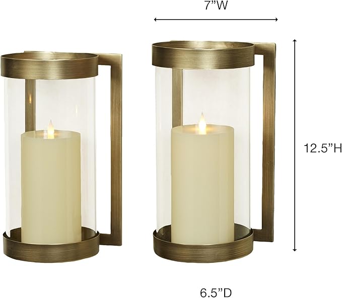 Crosce Satin Brass Metal Wall Sconce Pair | Set of Two | Candleholder Sconces for Bedroom Living Room, Bathroom, Hallway, Entryway | Hurricane Style Glass