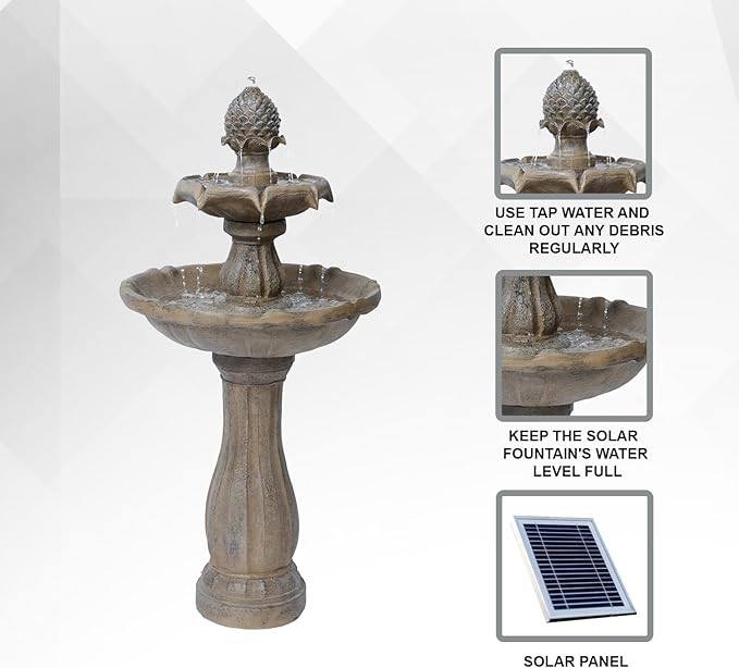 XBrand 44" H Fiberglass/Resin 2-Tier Outdoor Water Fountain with Solar Panel & Auto-Shut Off Pump, Tall Garden Birdbath Fountain