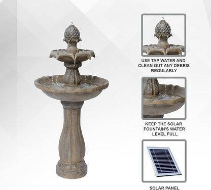 XBrand 44" H Fiberglass/Resin 2-Tier Outdoor Water Fountain with Solar Panel & Auto-Shut Off Pump, Tall Garden Birdbath Fountain