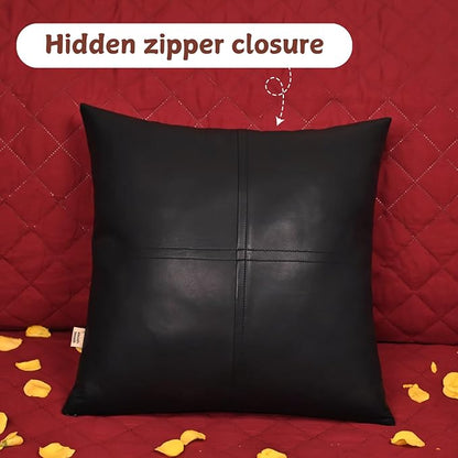 Genuine Lambskin Leather Pillow Cover, 14x14 Inch Case for Lumbar Throw Couch Pillows, Thick & Soft Cushion Covers for Sofa Bed Home Décor (Red Heart & Black Plain Pack of 1)