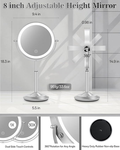 Makeup Mirror with Lights, 1X/30X Lighted Magnifying Mirror Height Adjustable, 3000mAh Rechargeable Double Sided Vanity Mirrors with 3 LED Lighting and Adjustable Brightness for Desk Women Gift