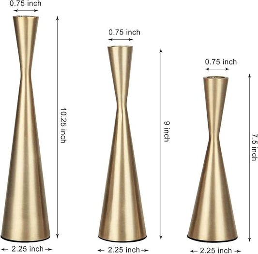 Vixdonos Brass Gold Taper Candlestick Holders Metal Candle Holders Set of 3 Table Mantel Decorative Candle Stand for Wedding, Dinning, Party,Home Decor (Gold)