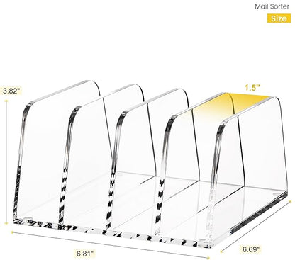 YUXUN Acrylic File Sorter,6.9"x6.6"x3.74",4 Sections Vertical Desk Organizer,Clear Mail Organizer File Holder Stand Rack Desk Accessories for Mail,Envelope,Letter,Notebook for Home/Office/Classroom