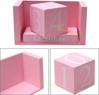 Framendino, Pink Vintage Wood Calendar Rustic Block Chic Perpetual Desktop Wooden Cubes for Home Office Desk Decoration