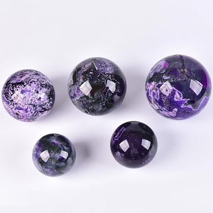 JIC Gem 3.1-3.5 inch(80-90mm) Large Purple Moss Agate Crystal Sphere Quartz Crystal Ball with Stand Healing Ornament Witchcraft Meditation Decor