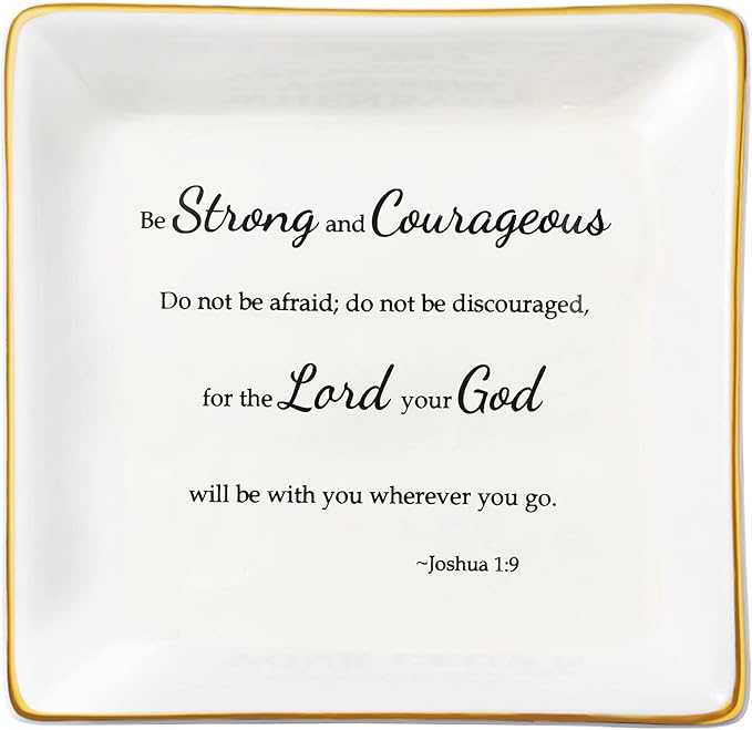 JoycuFF Christian Gifts for Women Inspirational Religious Jewelry Trinket Dish Birthday Gifts for Sister Daughter Mother Aunt Christians Be Strong and Courageous Ring Holder