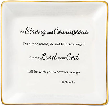 JoycuFF Christian Gifts for Women Inspirational Religious Jewelry Trinket Dish Birthday Gifts for Sister Daughter Mother Aunt Christians Be Strong and Courageous Ring Holder