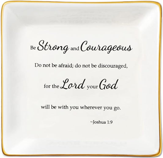 JoycuFF Christian Gifts for Women Inspirational Religious Jewelry Trinket Dish Birthday Gifts for Sister Daughter Mother Aunt Christians Be Strong and Courageous Ring Holder