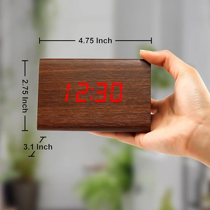 OCT17 Wooden Wood Clock, New Version LED Alarm Digital Desk Clock Adjustable Brightness, Alarm Time, Displays Time Date Temperature - Brown