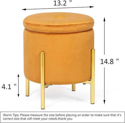 Adeco Upholstered Tufted Round Storage Ottomans, Orange Modern Velvet Footrest Ottomans with Storage for Couch