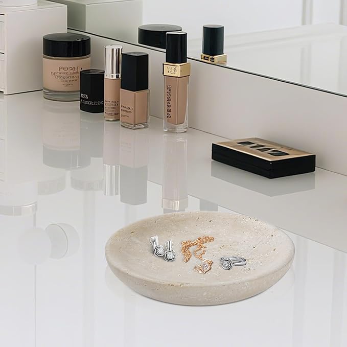 Turkish Natural Travertine Jewelry Dish, 5.5" Marble Tray, Trinket Dish for Ring Earring, Gift for Woman (Beige Travertine)