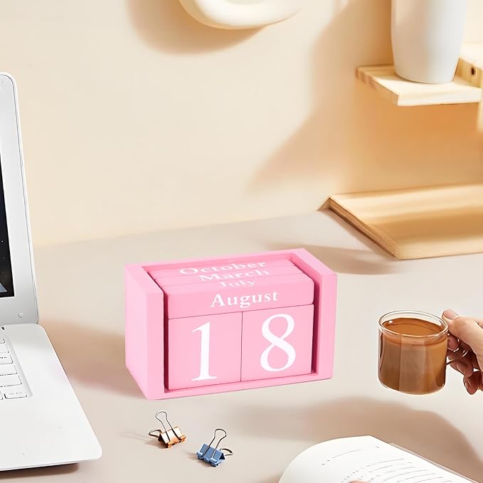 Perpetual Desk Calendar - Wooden Block Calendar for Desk, Reusable Date Display Blocks for Office & Home Decor, Teacher Classroom Accessory (Pink)