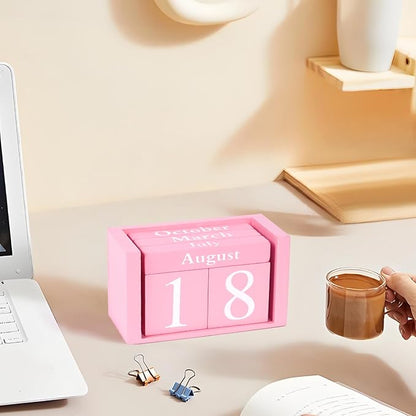 Perpetual Desk Calendar - Wooden Block Calendar for Desk, Reusable Date Display Blocks for Office & Home Decor, Teacher Classroom Accessory (Pink)