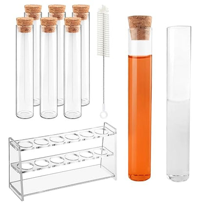 6pcs 100ml Glass Test Tube with Cork Stopper, 30 x 200mm Flat Bottom Storage Tube with Cap, 6 Holes Acrylic Rack, Plant Propagation Vase Set for Scientific Experiments Lab Candy Party Decor