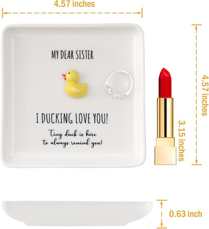 HOME SMILE Duck Ring Dish Tray-Inspirational Birthday Mothers Day Sister Gifts,Soul Sister Friend Gifts for Women Girls Presents for Sister-I Ducking Love You Sister
