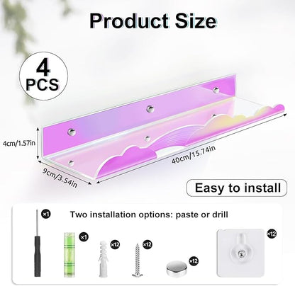 Iridescent Rainbow Acrylic Floating Shelves,15in Kids Wall Mounted Nursery Bookshelves, Display Ledge for Books Toys Cosmetic, Bathroom Bedroom Living Room Wall Decor and Storage, 4 Pack