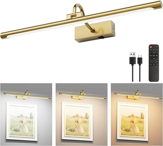 Aipsun 23.6" Brass Picture Lights for Wall Rechargeable,12000mAh Battery Operated Art Light for Paintings,3CCT Dimmable, Rotatable Gallery Light for Pictures Display