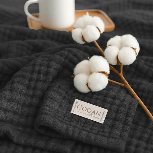 Goqan Muslin Blanket Twin 55x79 – 100% Turkish Cotton 4 Layer Boho Muslin Blanket for Adults, Four Season, Lightweight and Thin, Soft, Breathable - Dark Grey