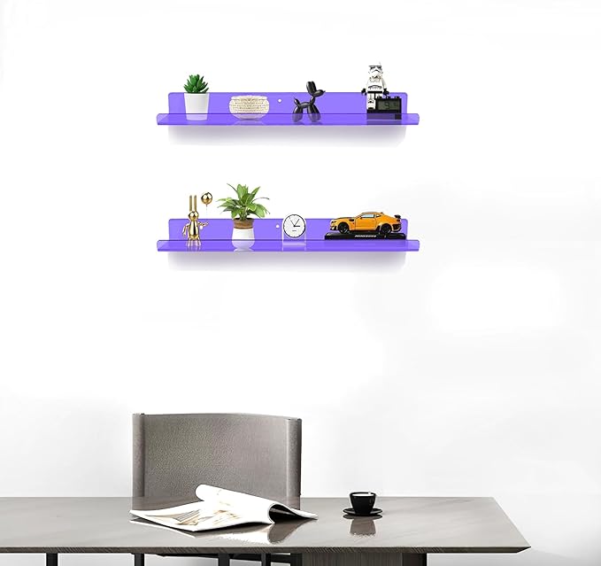 ROYALITA 24 Inches Acrylic Floating Book Shelves Wall Mounted Set of 2, Wall Hanging Plant Display Shelves, Room Decor Floating Wall Shelves for Gaming Room, Bedroom, Living Room, Office, Purple