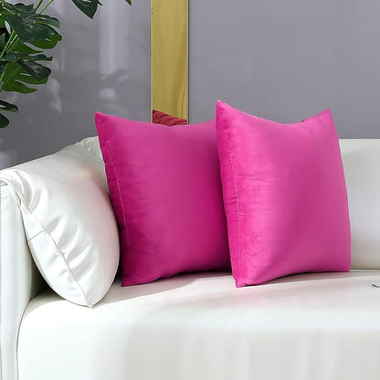 mixeoo Comfy Hot Pink Throw Pillow Covers Decorative Square Solid Thick Velvet Super Soft Cushion Cases Home Decor for Sofa Couch Living Room Chair, Set of 2, 18 x 18 Inch